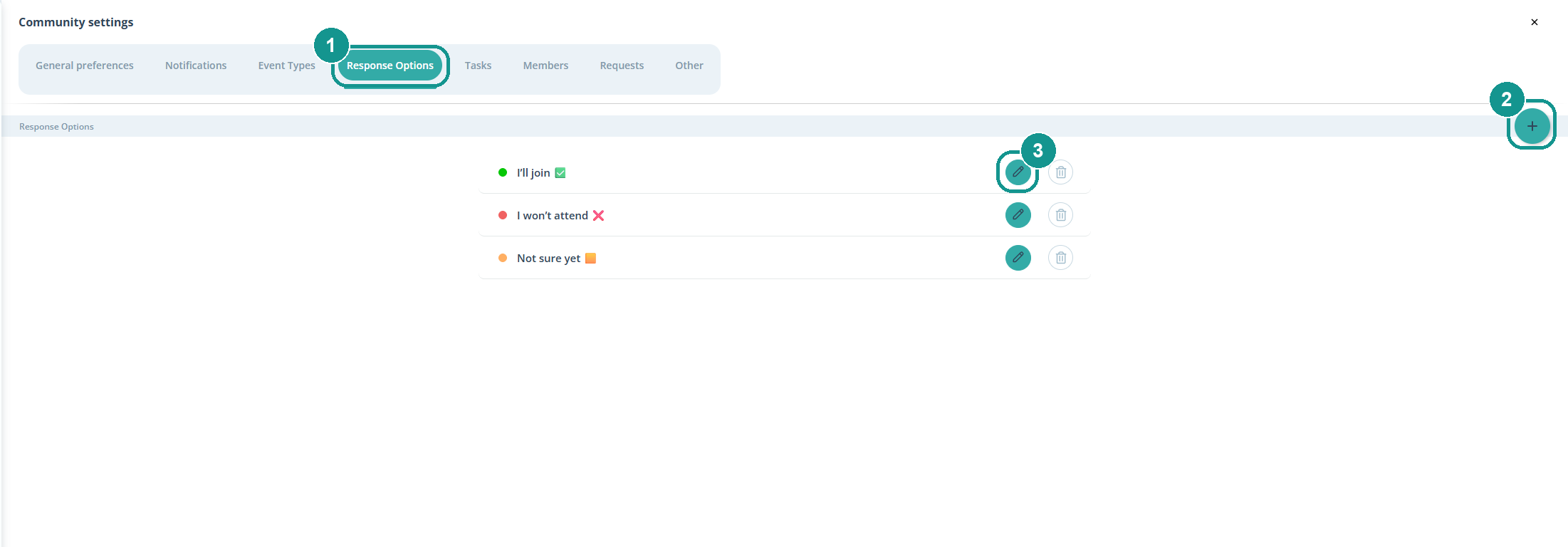 Community settings, Response Options tab: 1 Response Options tab, 2 plus button for a new response, 3 pencil to edit