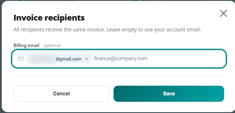 "Invoice recipients" dialog with the field for more billing emails