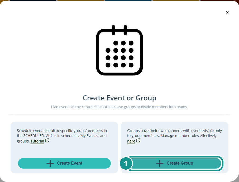 Create Event or Group window: 1 Create Group