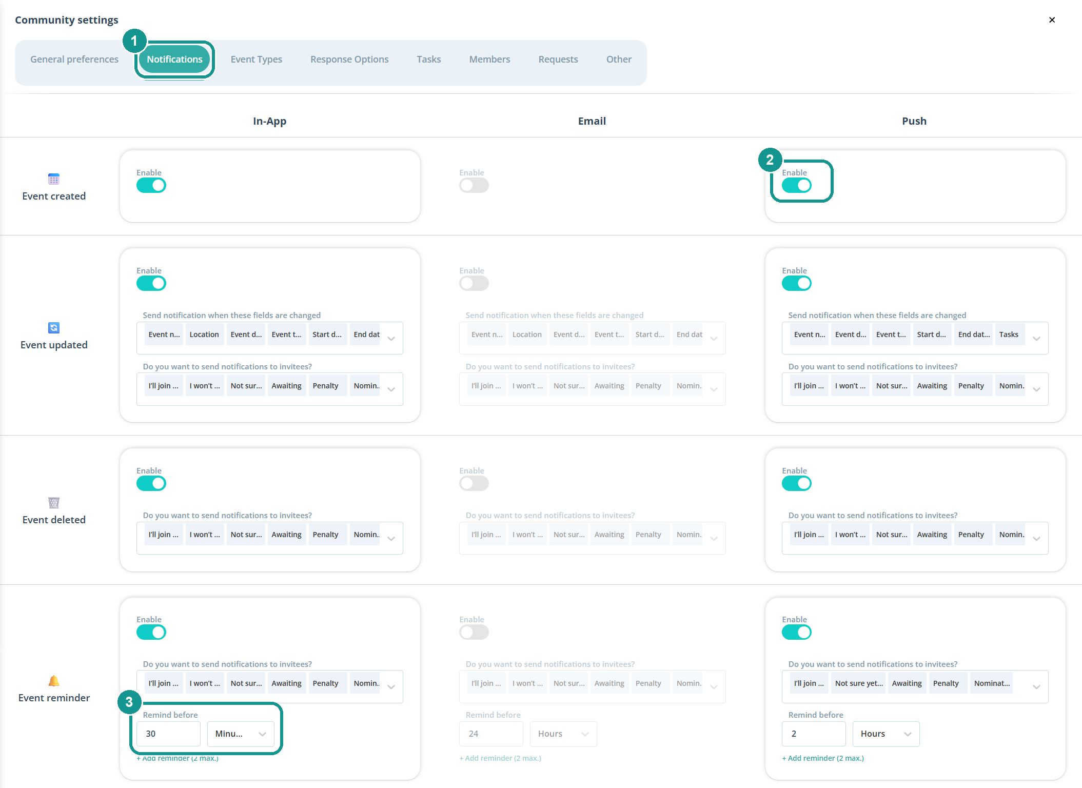 Community settings, Notifications tab: 1 Notifications tab, 2 Enable switch per channel, 3 Remind before
