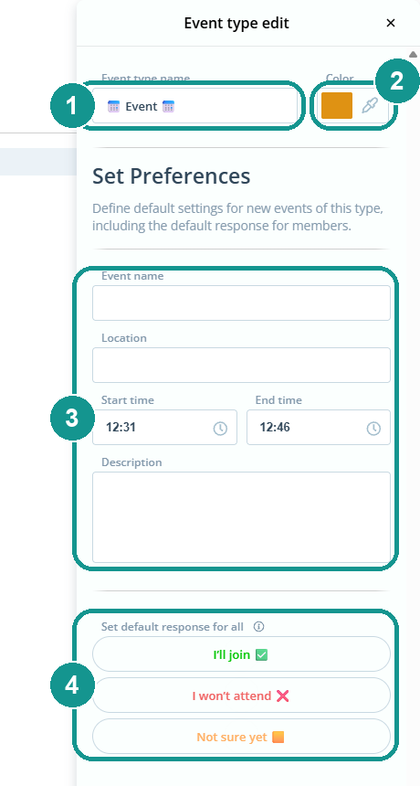 Event type edit window: 1 event type name, 2 color, 3 event name, location, start and end time, description, 4 default response for all