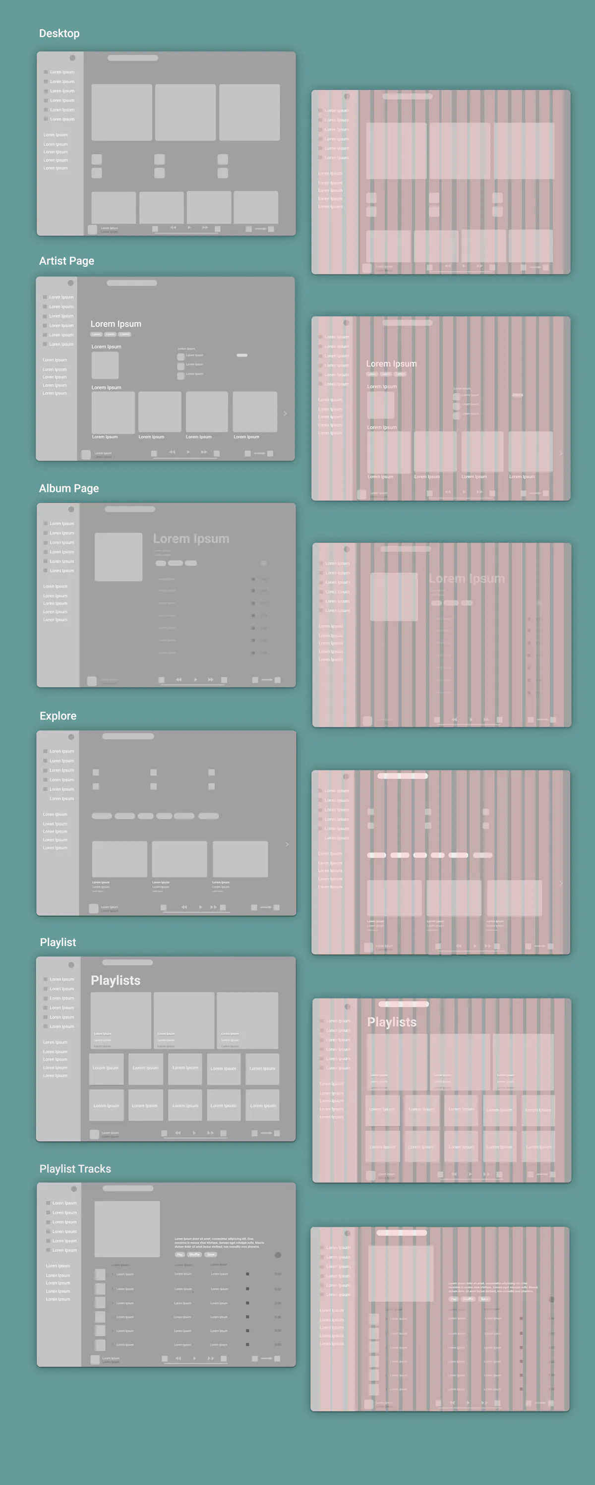 High fidelity wireframes for "Traccia". The Wireframes were created with a 18 Column Grid.