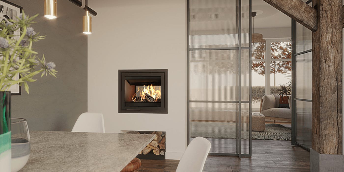 Houtkachel als roomdivider