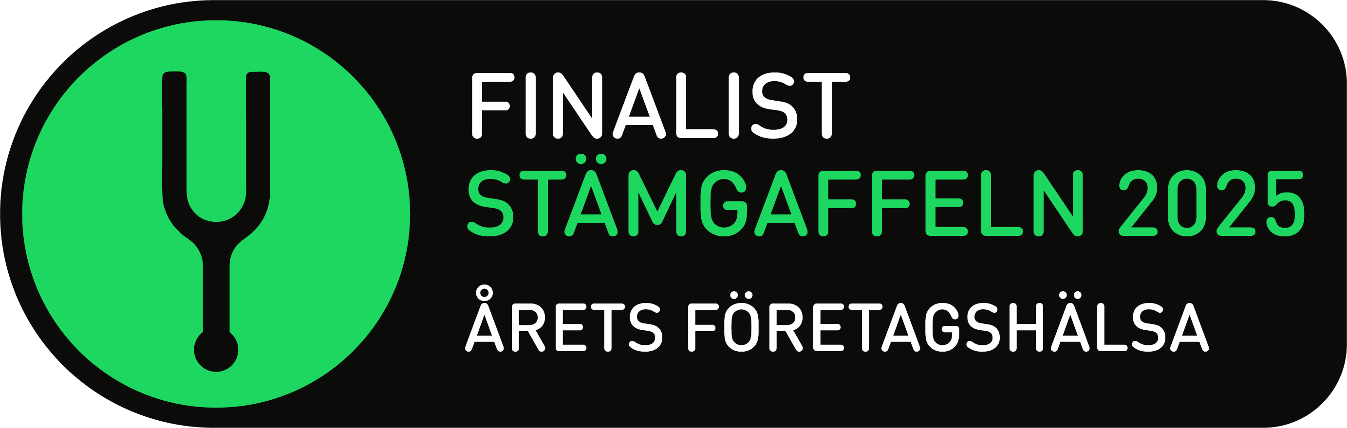 Grön finalistmärke med stämgaffelikon: "Finalist Stämgaffeln 2025 – Årets Företagshälsa".