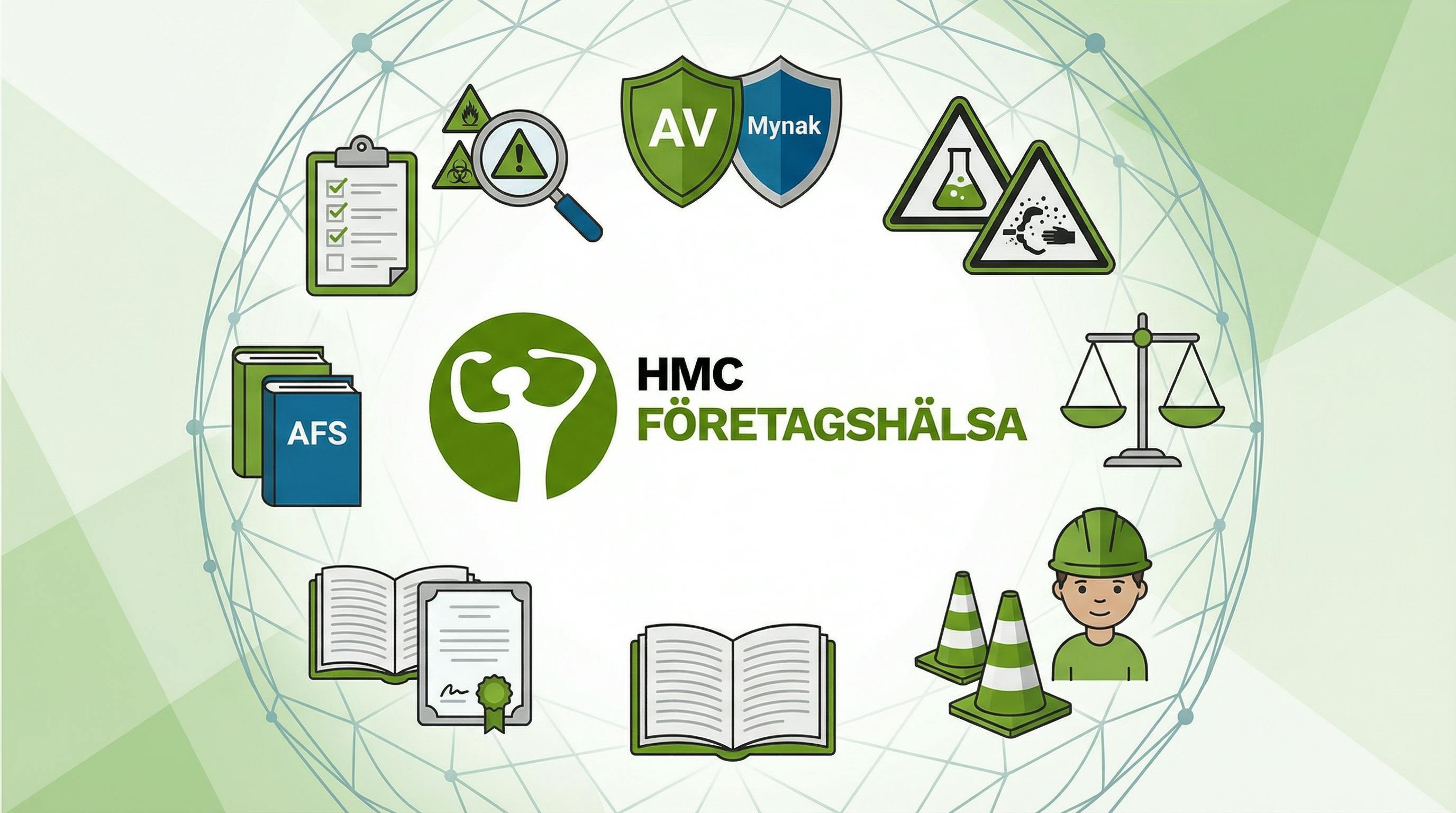 Symbolisk översikt över arbetsmiljönyheter Q1 2026 med HMC Företagshälsas logotyp i centrum omgiven av ikoner för riskbedömning, kemiska risker, arbetsbelastning, utbildning och myndighetssamverkan.