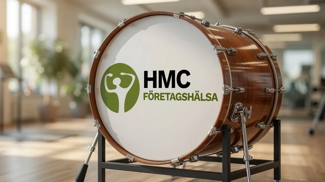 Stor orkestertrumma med HMC Företagshälsas logotyp, uppställd i en ljus träningslokal.