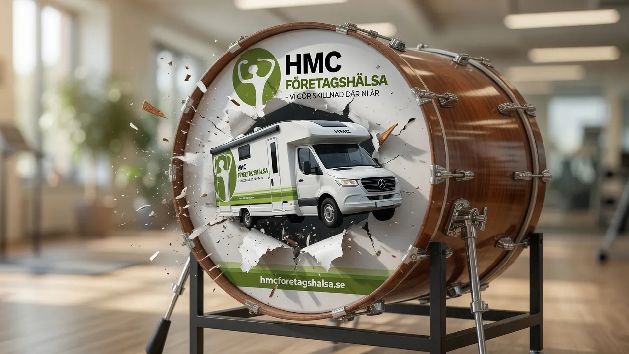 Hälsobussen, HMC Företagshälsas mobila företagshälsovård, kör ut genom trumskinnet på en stor trumma.