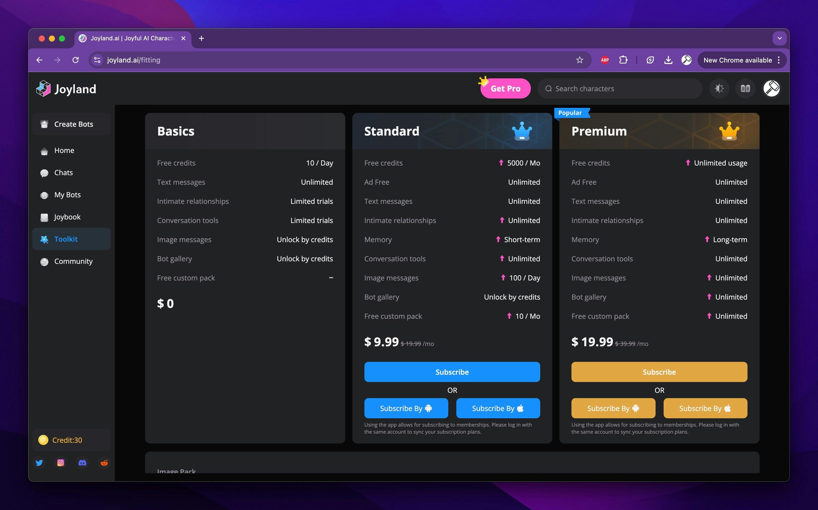 Joyland's subscription options