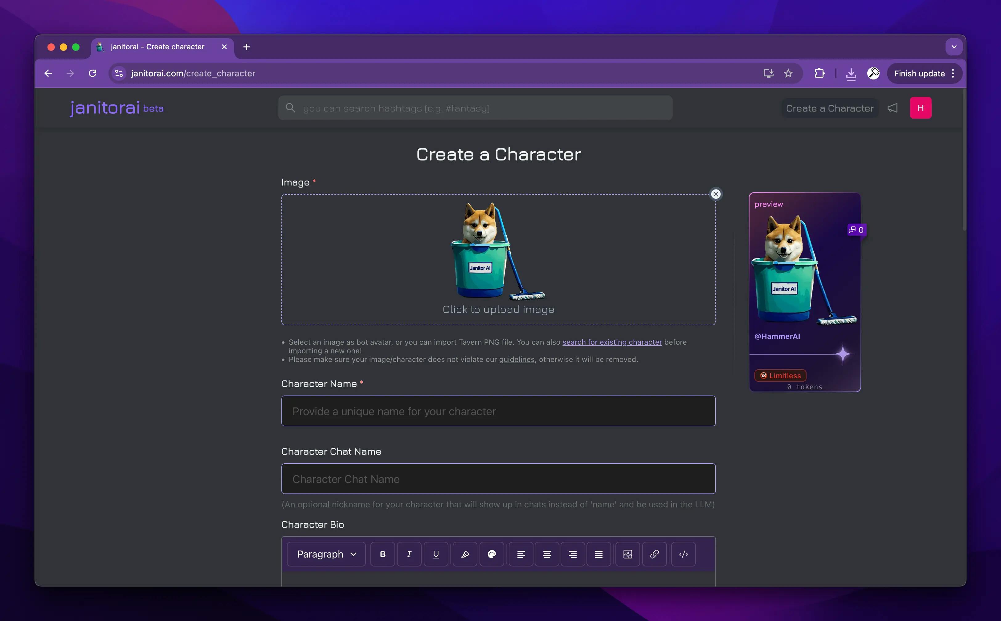 JanitorAI's character creation