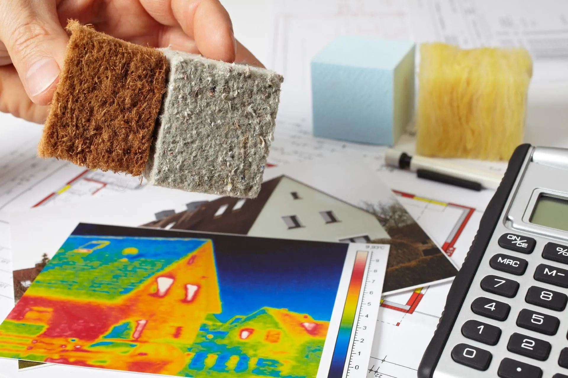 Dämmmaterialien, Wärmebildaufnahme und Planungsunterlagen zur energetischen Sanierung und Wärmedämmung von Wohn- und Gewerbeimmobilien.