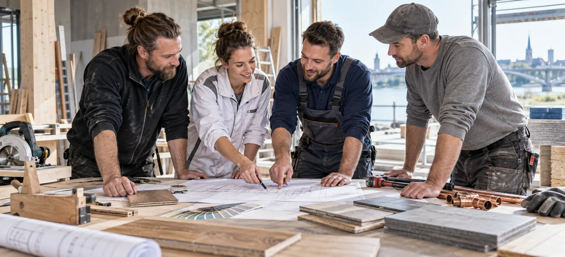 Handwerker verschiedener Gewerke planen gemeinsam ein Projekt am Niederrhein.