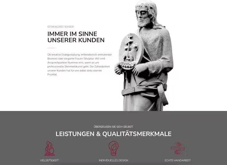 Website mit einer Frau, der Überschrift „Immer im Sinne unserer Kunden“ und einem Bereich zu Leistungen und Qualitätsmerkmalen.