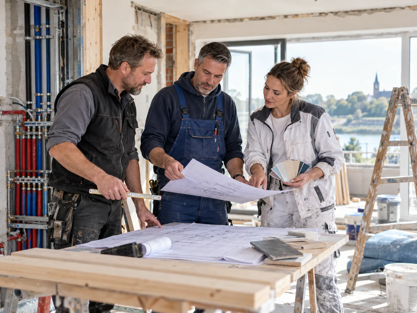 Handwerker verschiedener Gewerke planen gemeinsam ein Sanierungsprojekt am Niederrhein.