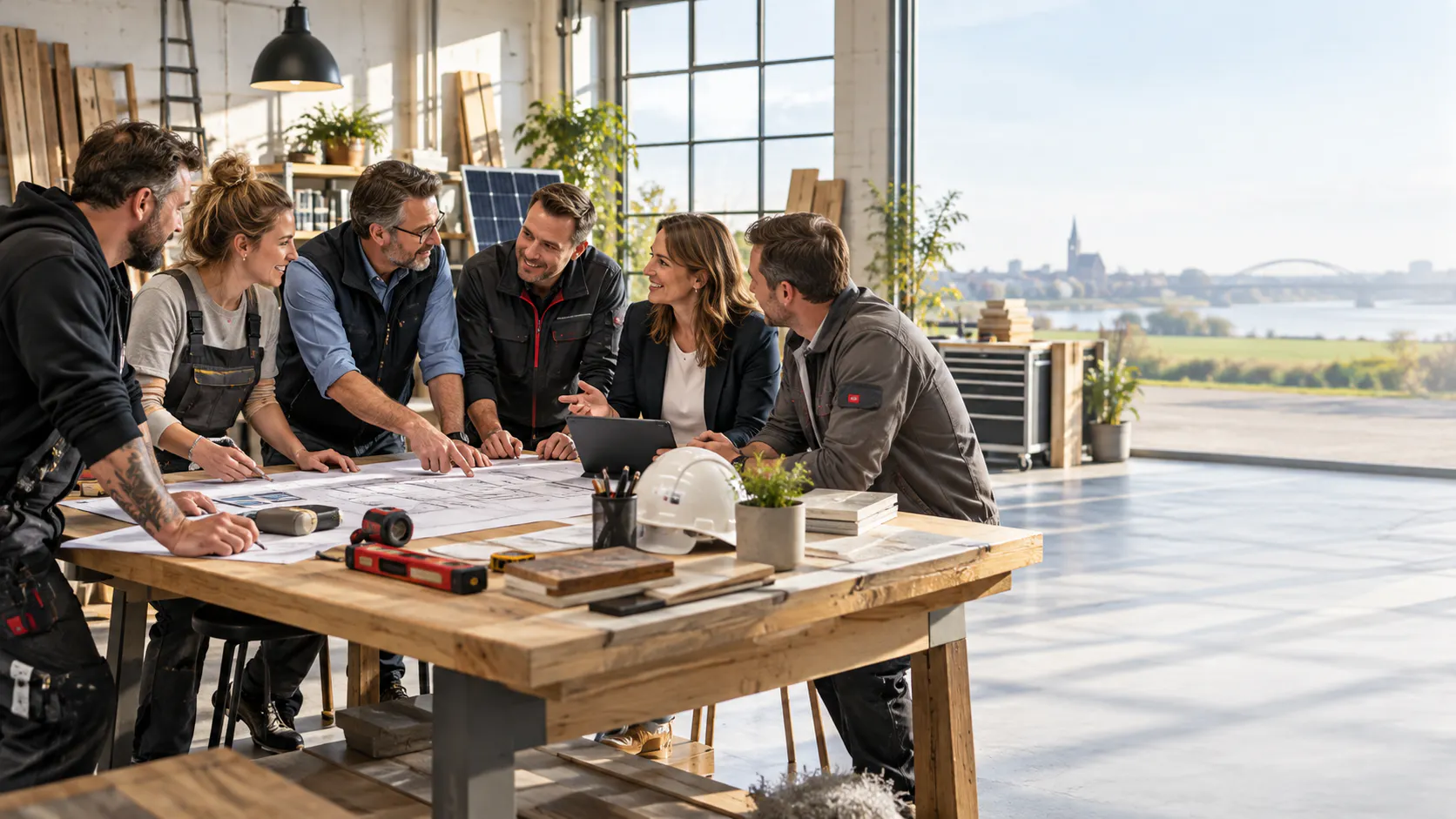 Gruppe aus Handwerksbetrieben und strategischen Partnern bei der gemeinsamen Planung an einem Tisch im Handwerksnetzwerk Niederrhein.