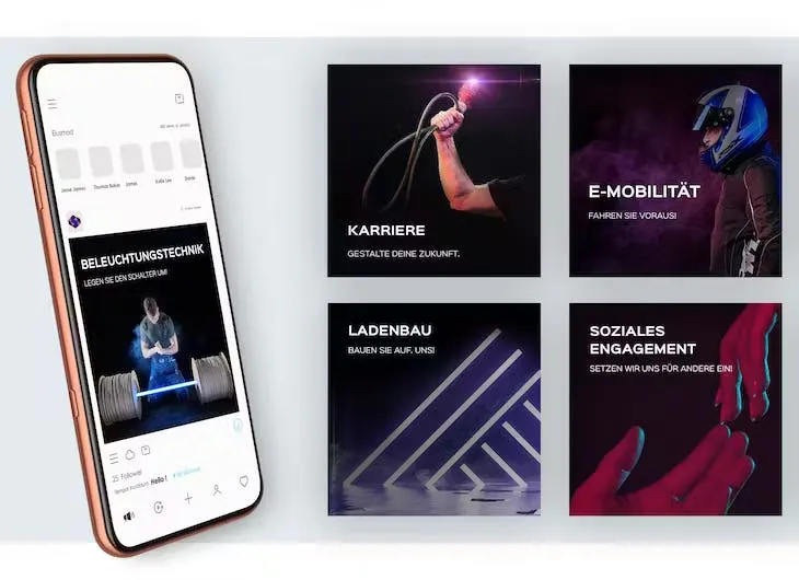 Website mit Kacheln zu Karriere, E-Mobilität, Ladenbau und sozialem Engagement neben einer Smartphone-Ansicht.