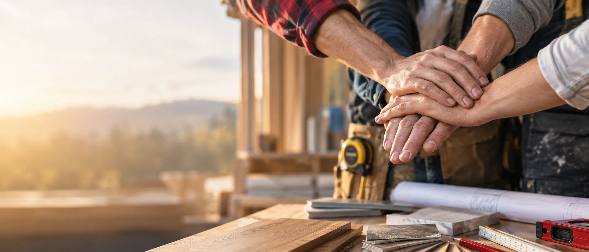 Mehrere Handwerker legen ihre Hände als Zeichen für Zusammenarbeit und Partnerschaft übereinander. Im Hintergrund sind Werkzeuge und Materialproben zu sehen.