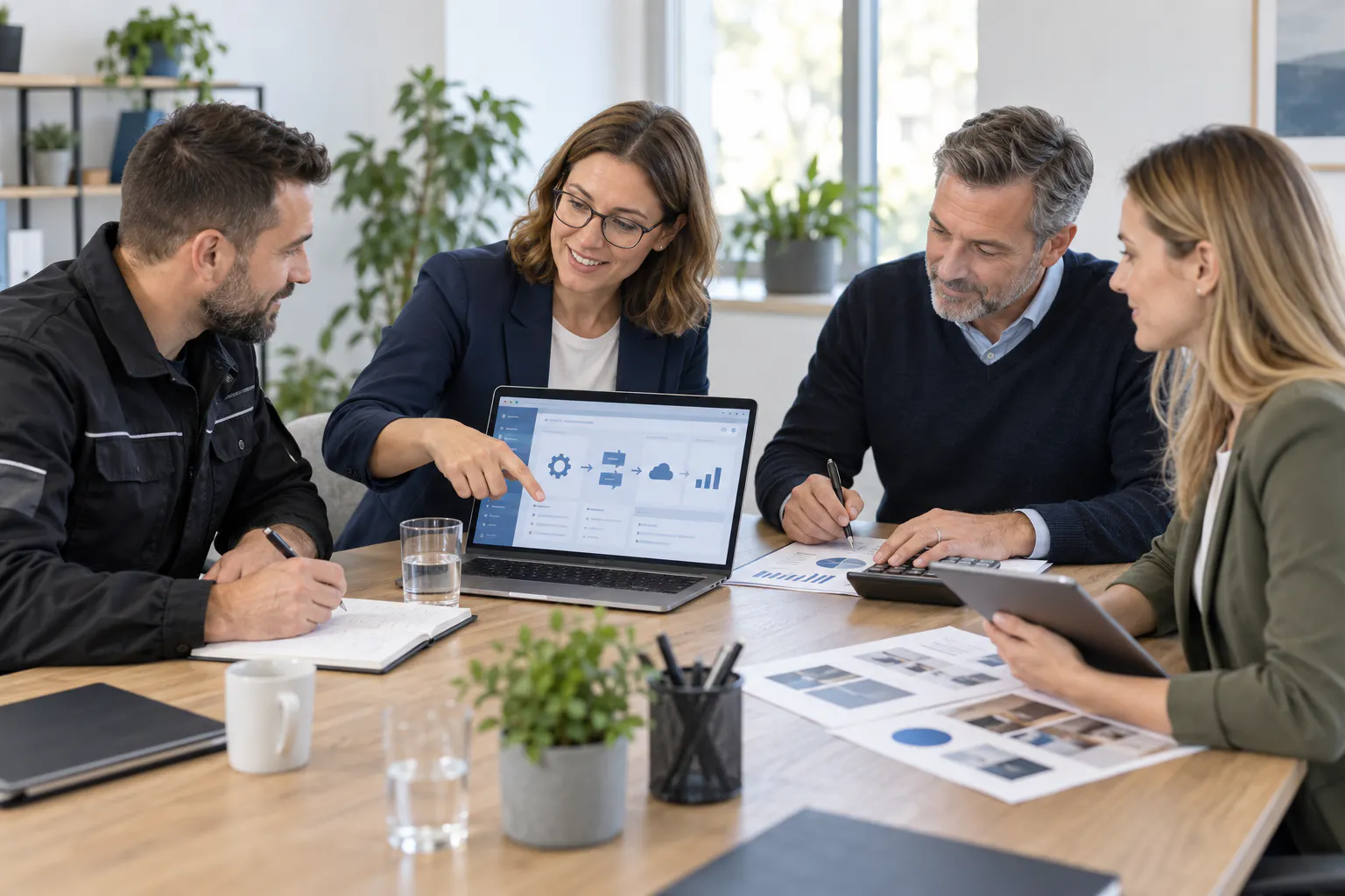 Handwerksunternehmer im Beratungsgespräch mit Fachleuten für Digitalisierung, Marketing und Finanzen.