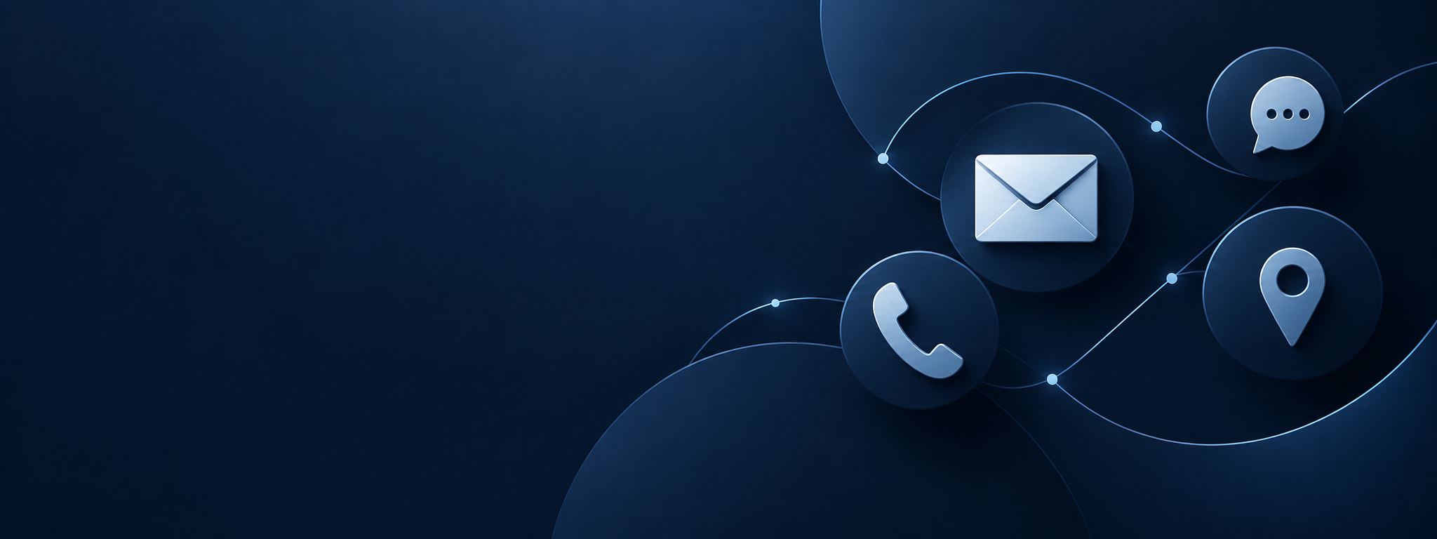 Abstraktes Kontakt-Headerbild mit E-Mail-, Telefon-, Standort- und Nachrichten-Symbolen auf dunkelblauem Hintergrund.