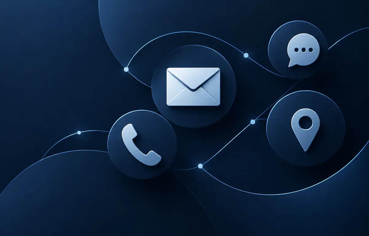 Abstraktes Kontakt-Headerbild mit E-Mail-, Telefon-, Standort- und Nachrichten-Symbolen auf dunkelblauem Hintergrund.
