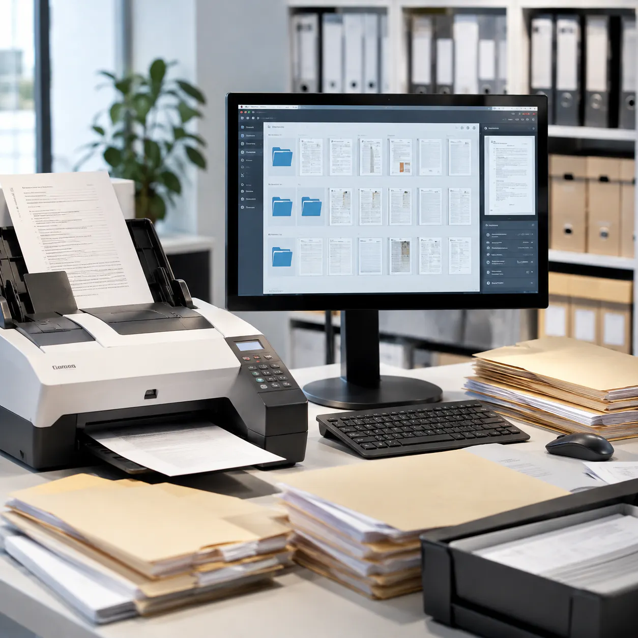 Arbeitsplatz zur digitalen Archivierung und PDF-Aufbereitung mit Scanner, Monitor und Dokumenten im reproplan Umfeld.