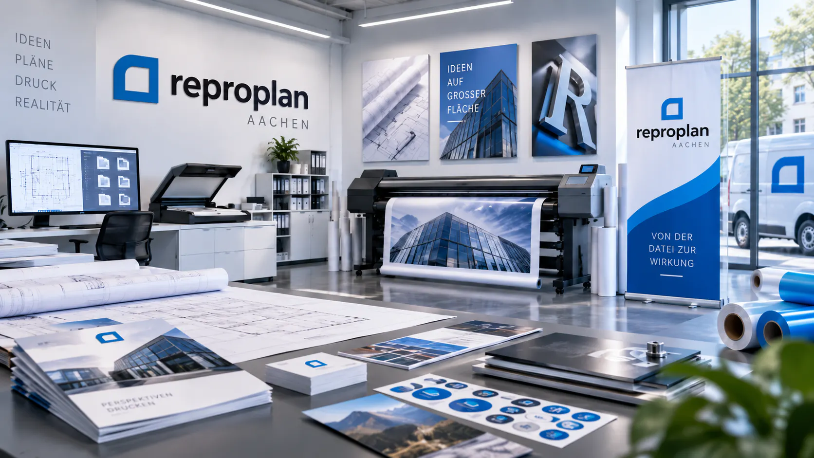 Modernes reproplan Aachen Druckstudio mit Großformatdrucker, CAD-Plänen, Druckmustern, Roll-up und Branding in heller professioneller Arbeitsumgebung.