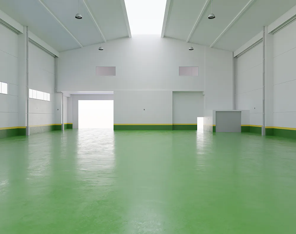 Grüne Bodenbeschichtung in einer modernen Industriehalle
