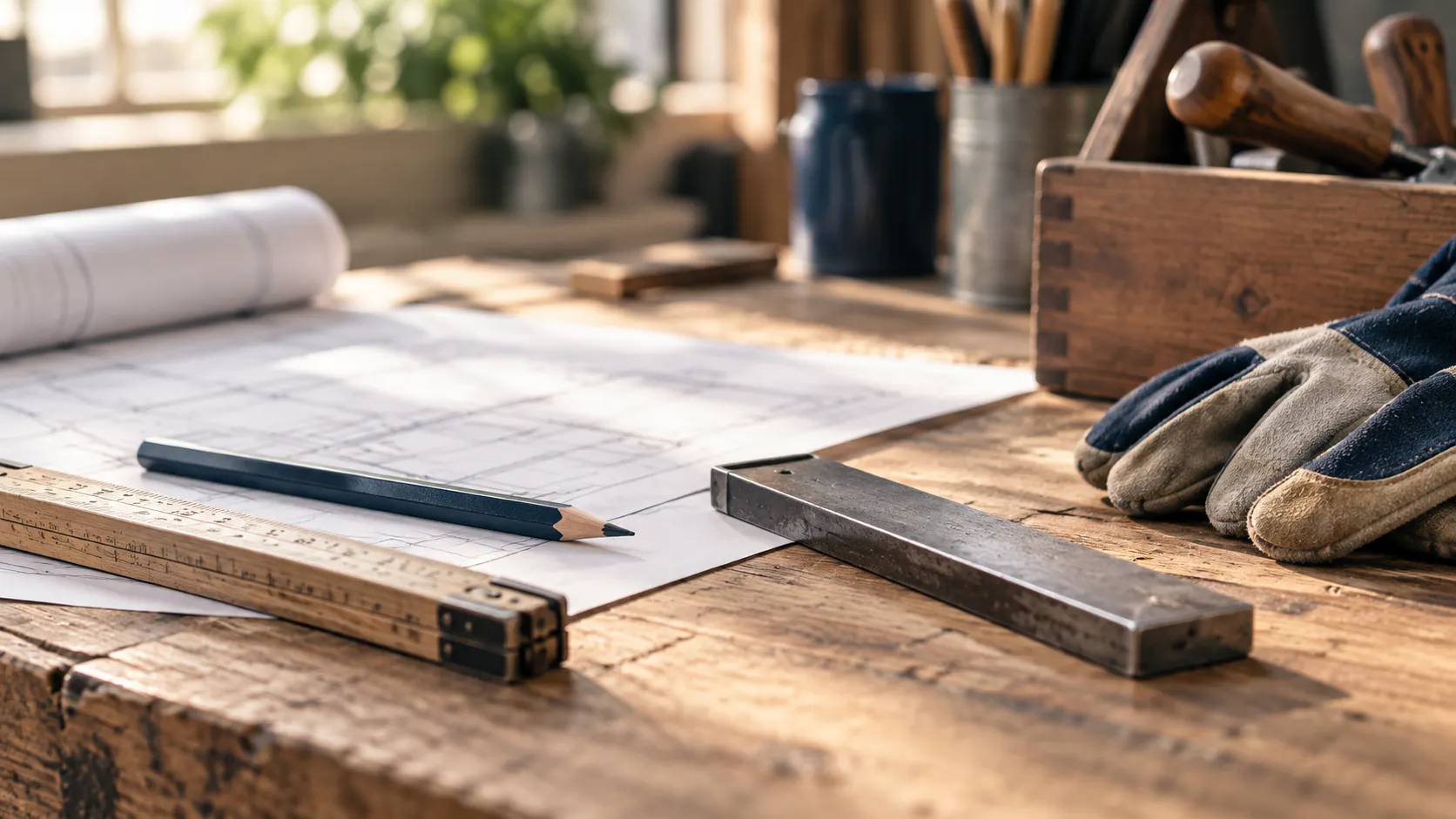 Werkbank mit Bauplan, Zollstock, Bleistift, Winkel und Arbeitshandschuhen als handwerkliches Headerbild für das Impressum.
