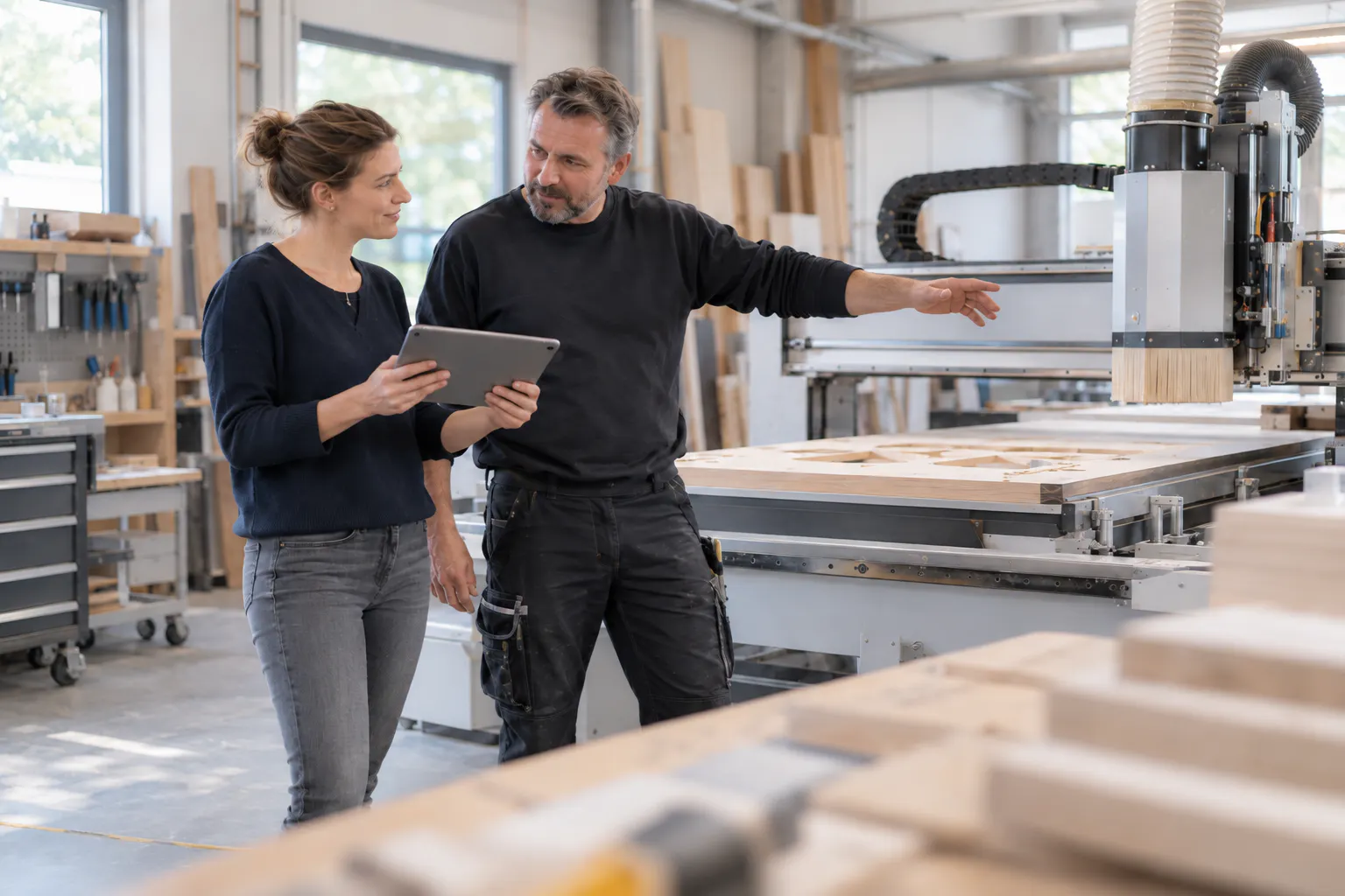 Handwerker und Digitalisierungsexpertin optimieren gemeinsam einen Arbeitsprozess in einer modernen Werkstatt.