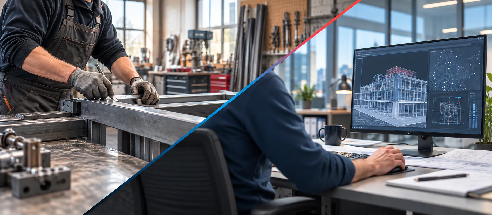 Diagonal geteiltes Headerbild mit einem Handwerker in der Werkstatt und einem strategischen Partner an einem digitalen Arbeitsplatz.