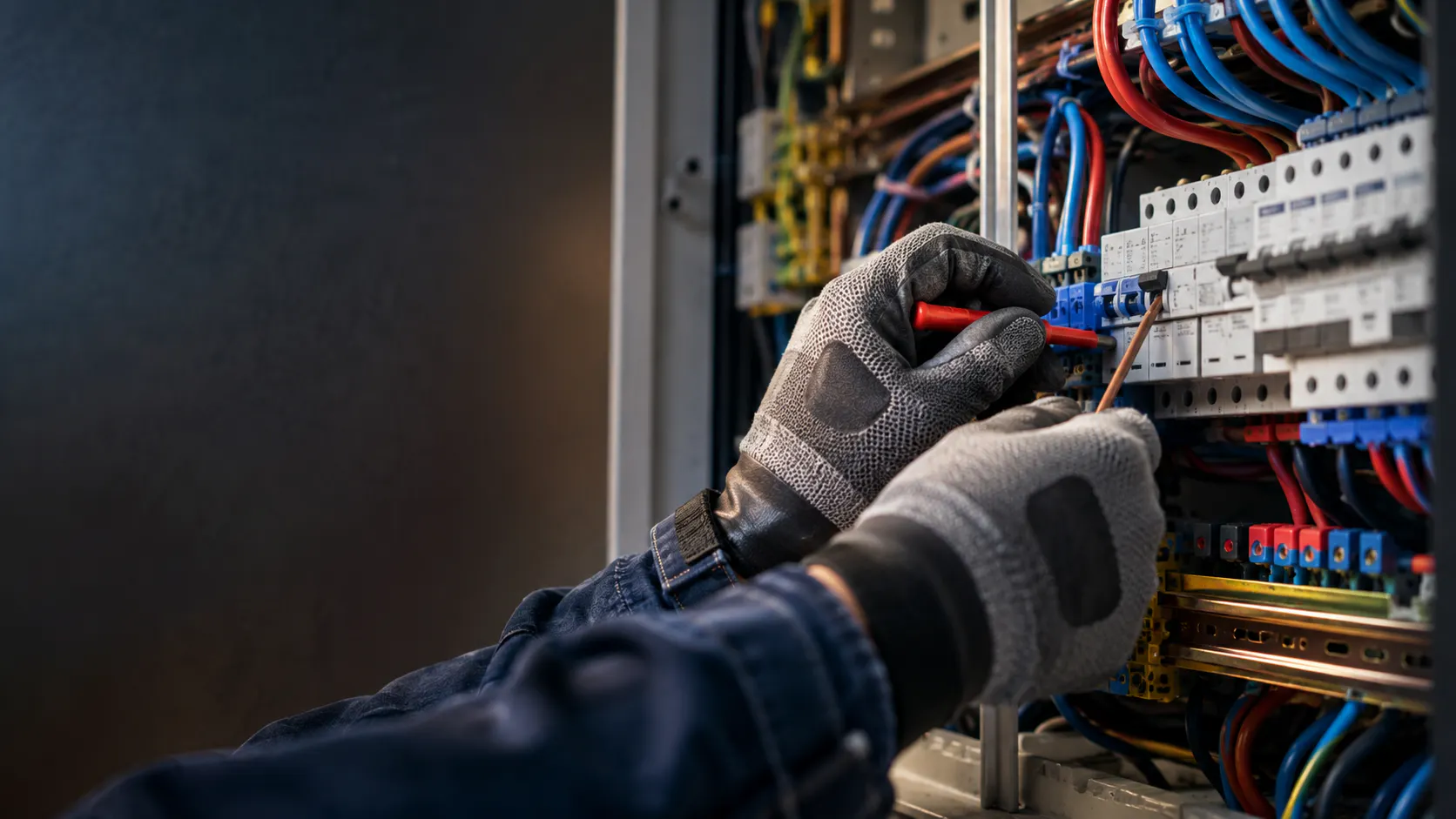 Elektriker verbindet präzise farbige Kabel in einem modernen Verteilerkasten als Symbol für Elektrotechnik im Handwerksnetzwerk Niederrhein.