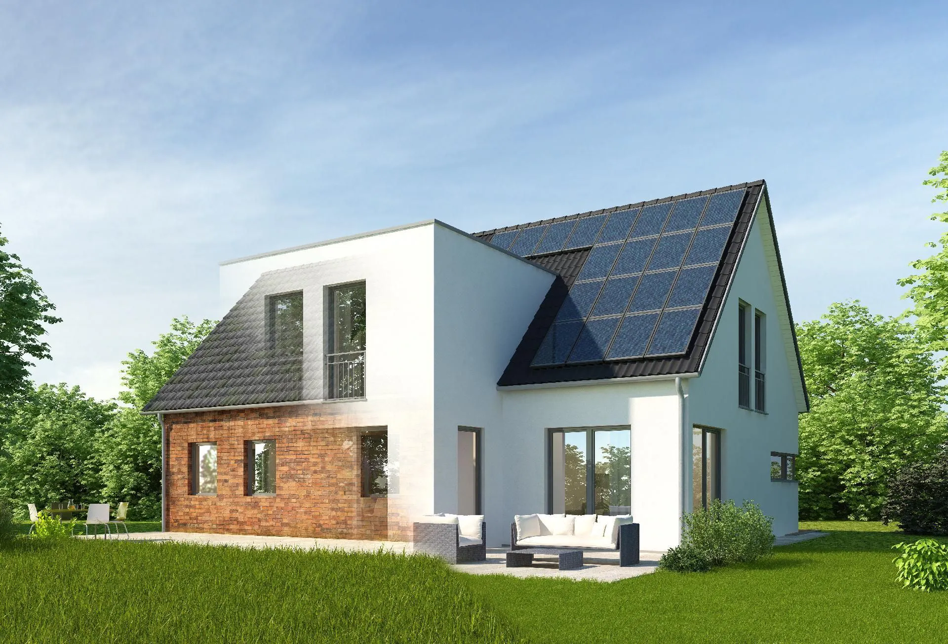 Modernisiertes Wohnhaus mit Photovoltaikanlage als Beispiel für energetische Sanierung und nachhaltige Modernisierung von Bestandsimmobilien.
