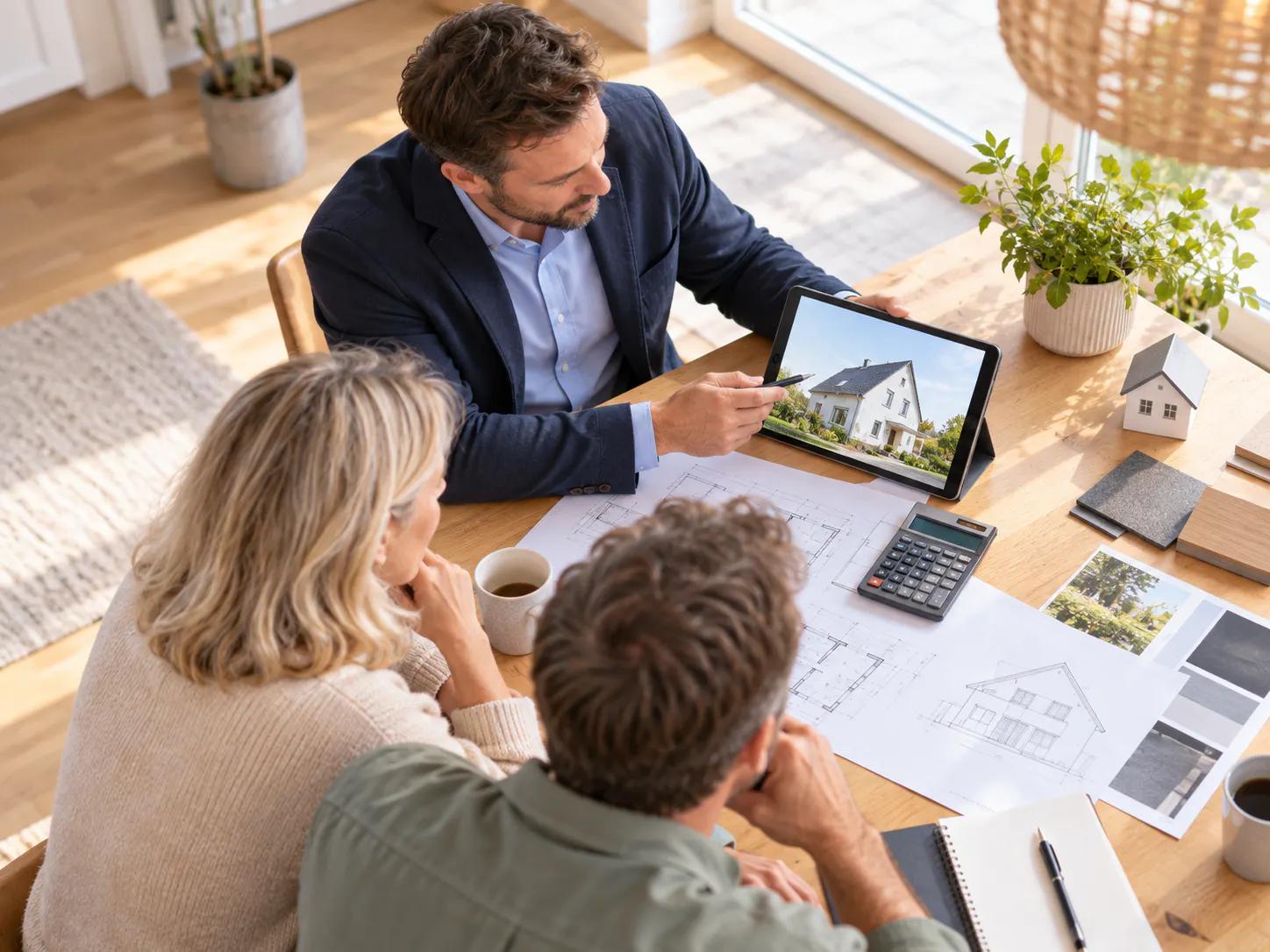Energieberater erläutert Fördermöglichkeiten und Sanierungsplanung am Tisch mit Bauplänen und Tablet.