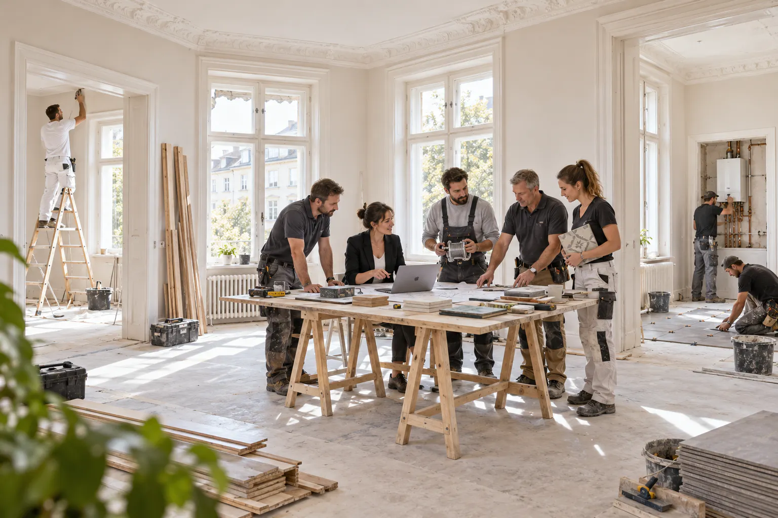 Partner aus verschiedenen Handwerks- und Fachbereichen planen gemeinsam ein Sanierungsprojekt am Niederrhein.