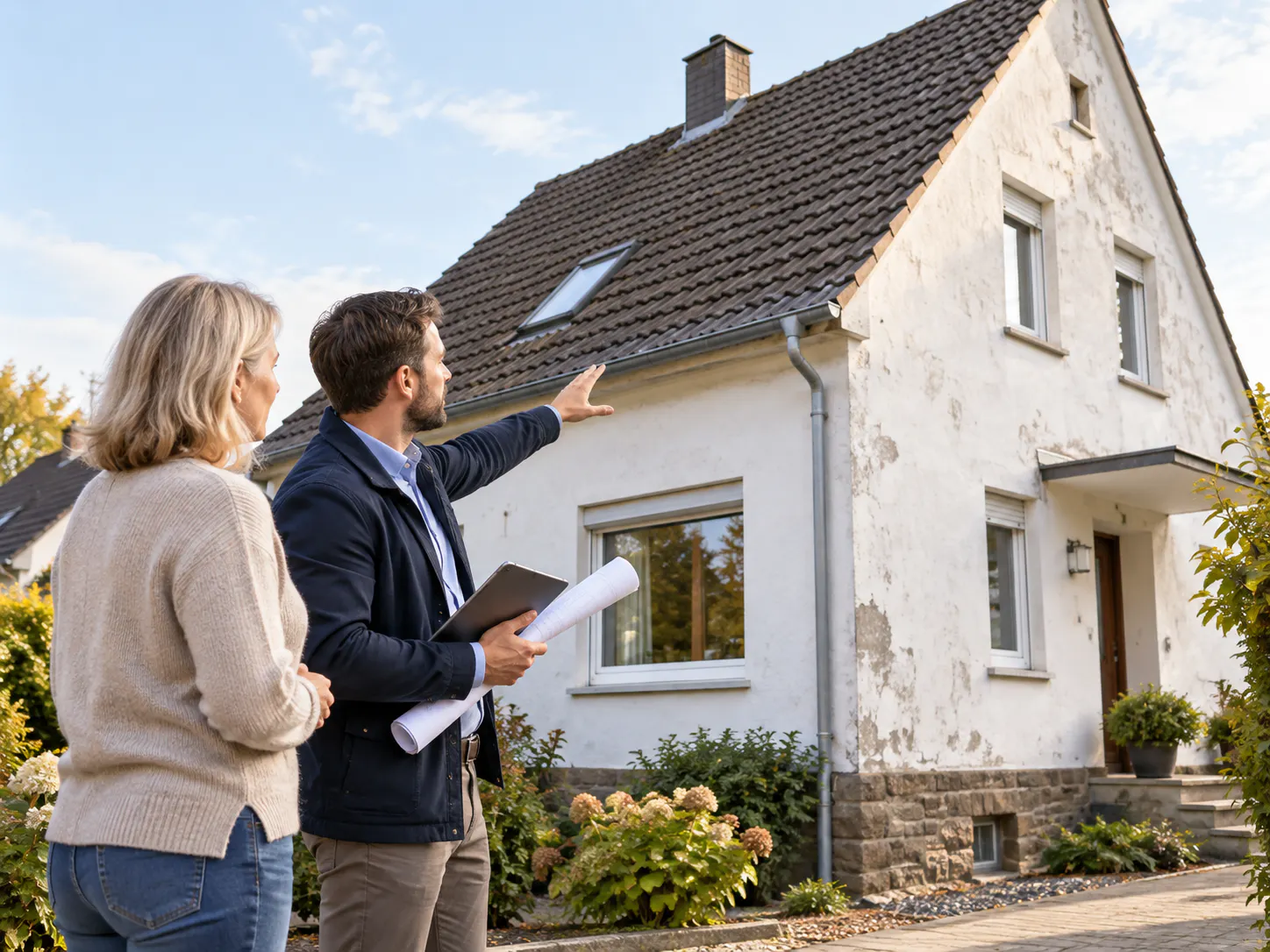 Energieberater bespricht mit einer Eigentümerin die energetische Sanierung eines Einfamilienhauses vor Ort.