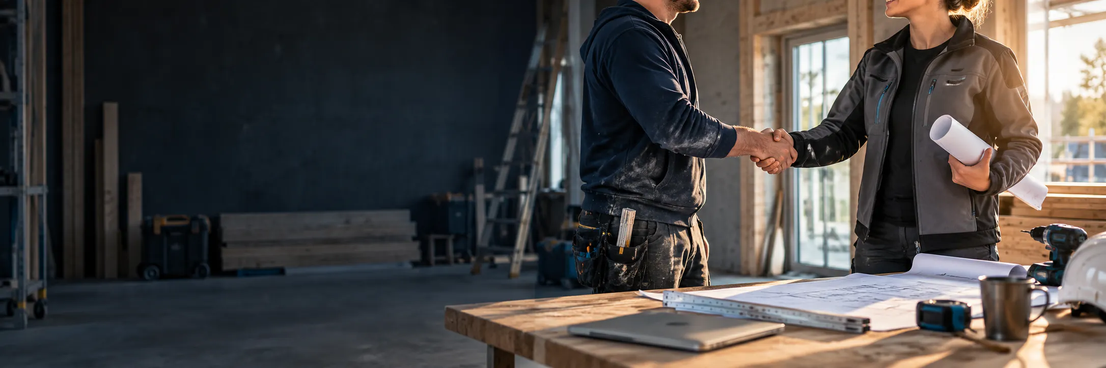 Handwerker verschiedener Gewerke planen gemeinsam ein Projekt am Niederrhein.