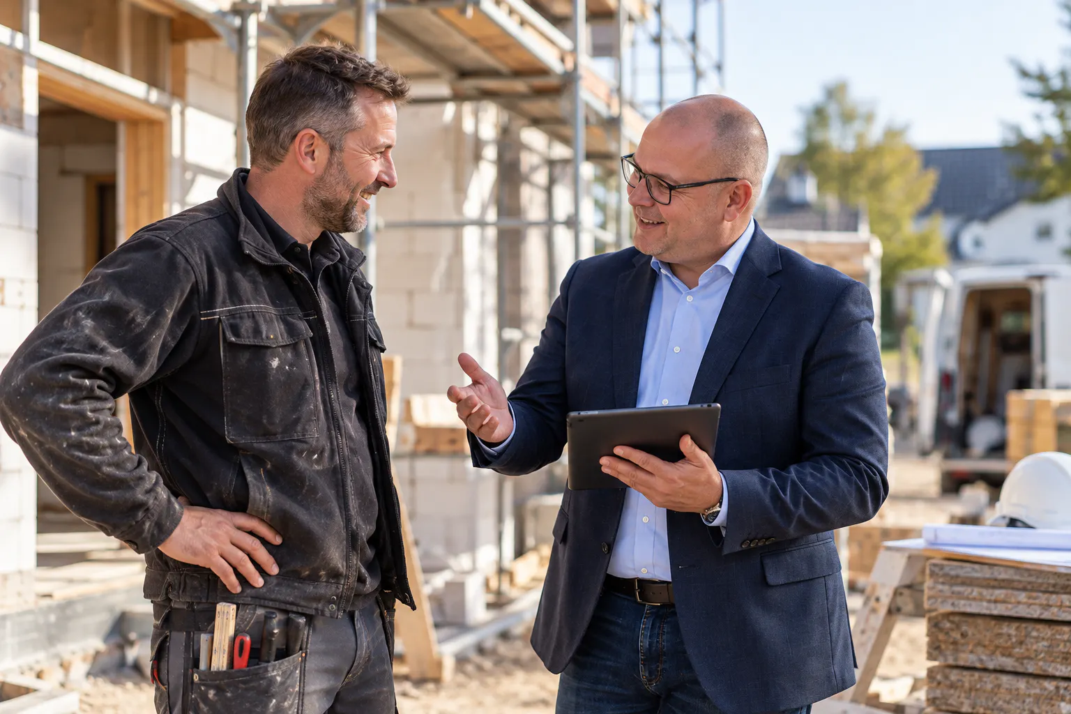 Versicherungsberatung von Hendrik Nilgen mit einem Handwerker auf einer Baustelle