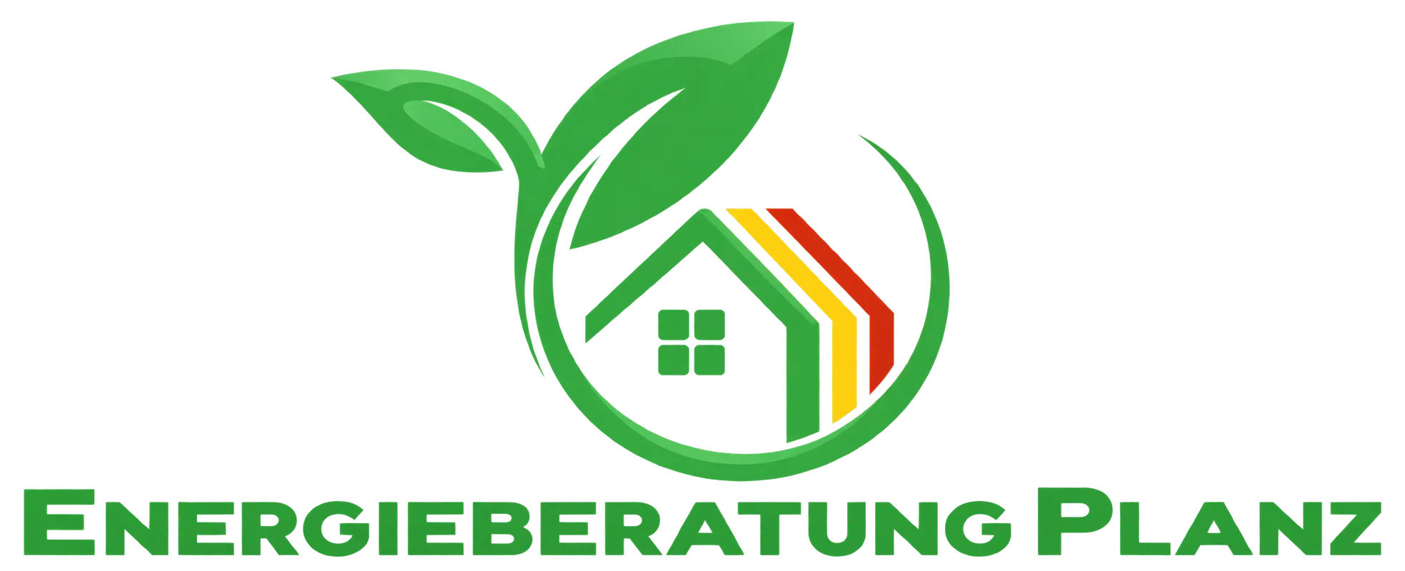 ogo von Energieberatung Planz mit grünem Haus, Blättern und farbigen Energieeffizienz-Streifen.