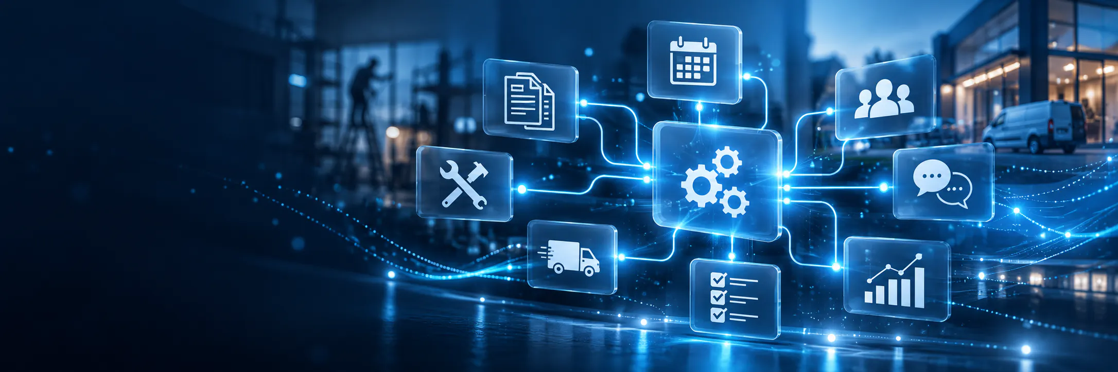 Vernetzte digitale Prozesse symbolisieren KI und Automatisierung für Handwerk und Mittelstand.