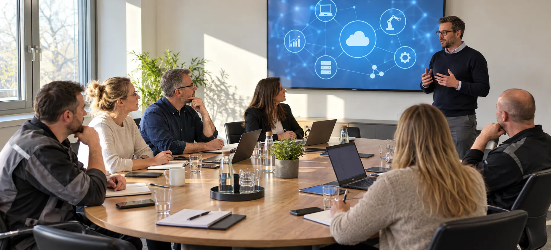 Strategische Partner verschiedener Branchen bei einer gemeinsamen Präsentation zur Digitalisierung.