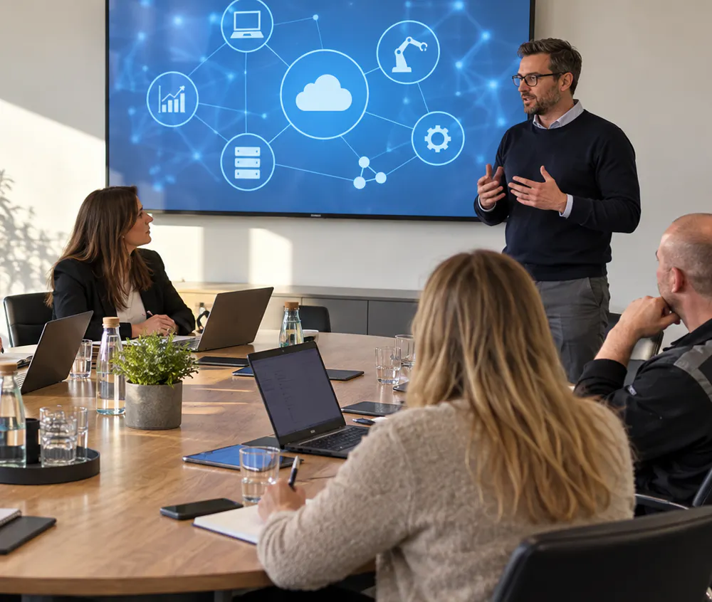 Strategische Partner verschiedener Branchen bei einer gemeinsamen Präsentation zur Digitalisierung.