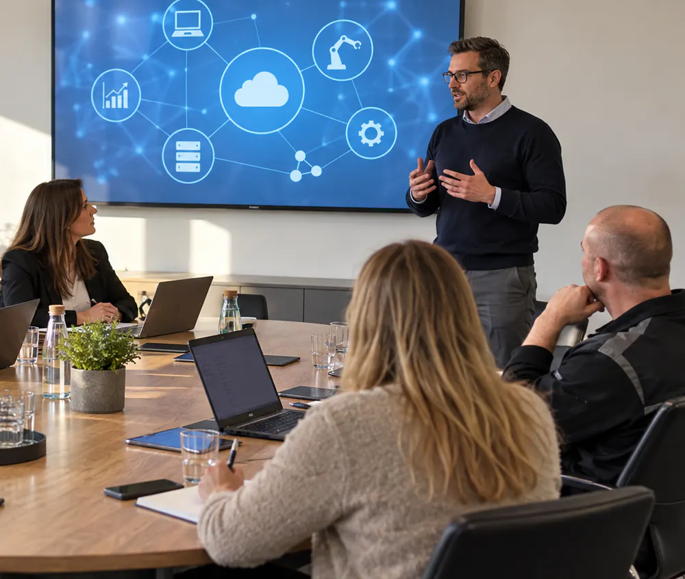 Strategische Partner verschiedener Branchen bei einer gemeinsamen Präsentation zur Digitalisierung.