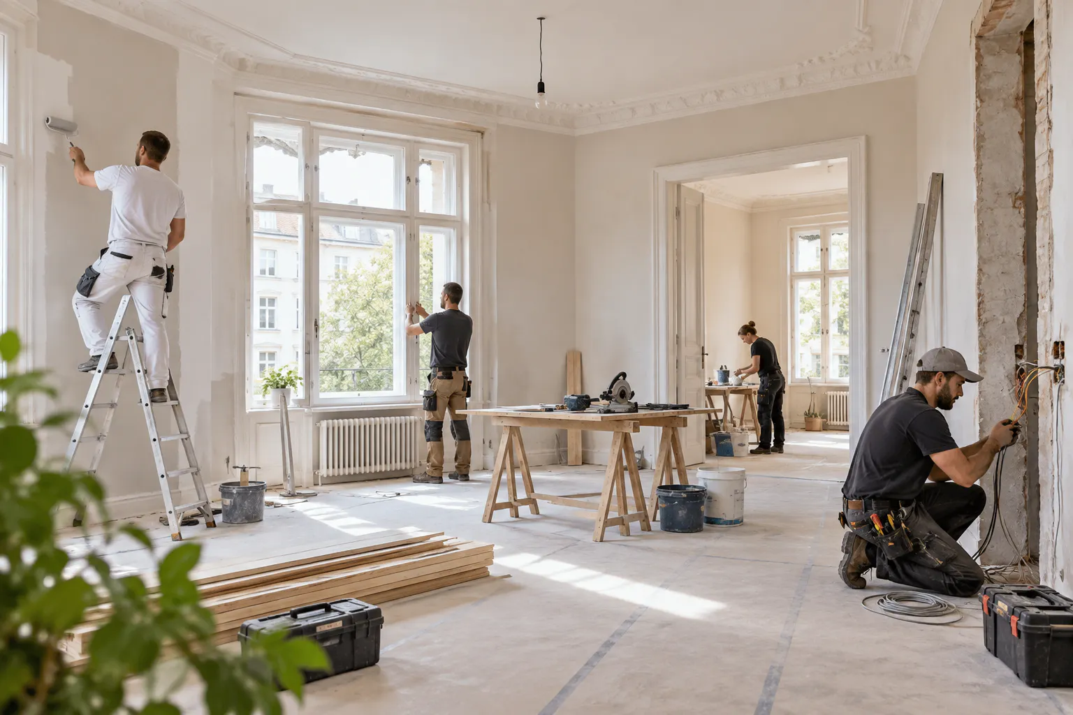 Fachbetriebe bei der professionellen Renovierung eines Altbaus am Niederrhein mit Maler, Elektriker und weiteren Handwerkern.