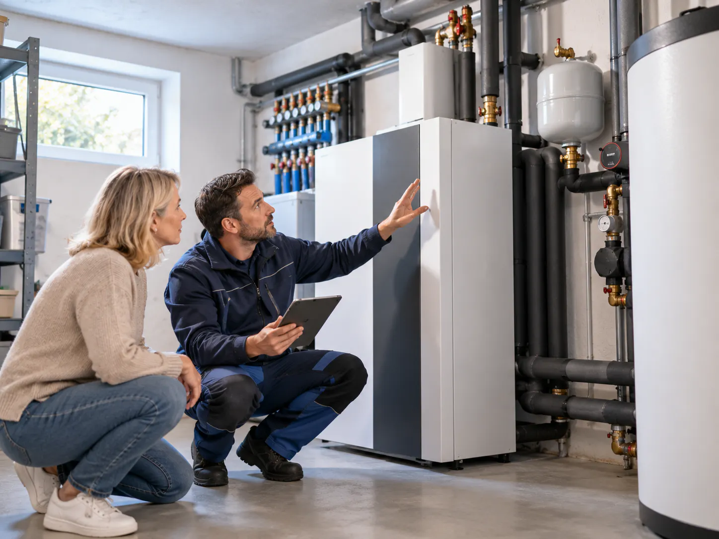 Beratung zur Heizungsmodernisierung im Technikraum mit moderner Heizungsanlage und Eigentümerin.
