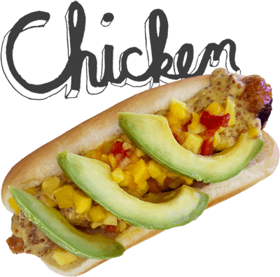 Chicken - Grilled chicken Portuguese, avocado or guacamole, mango relish, Dijon-lime mustard.