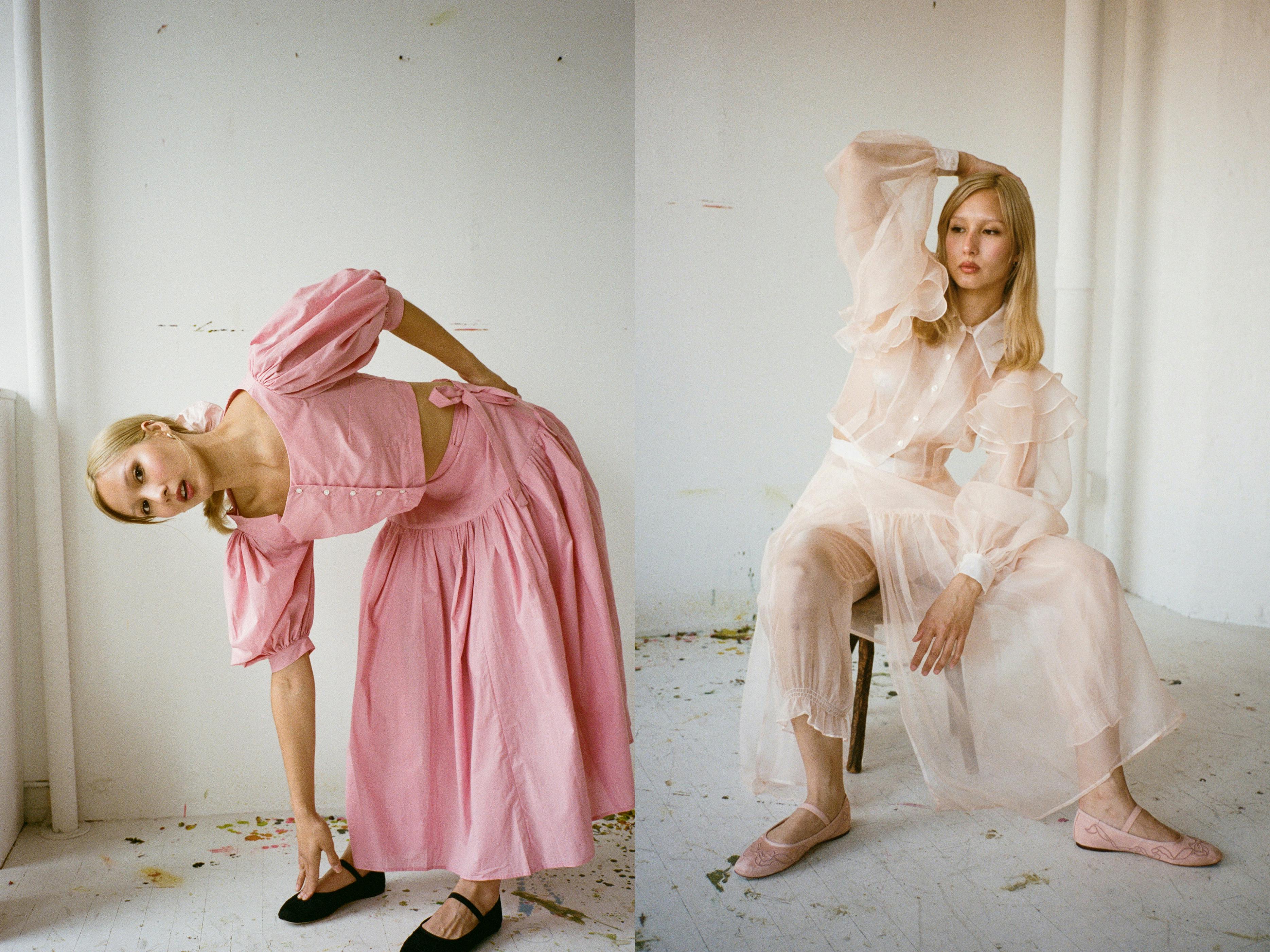Two side by side images of a model wearing designer clothes. The left is a pink outfit and the right is a light peach color with semi translucent elements. 