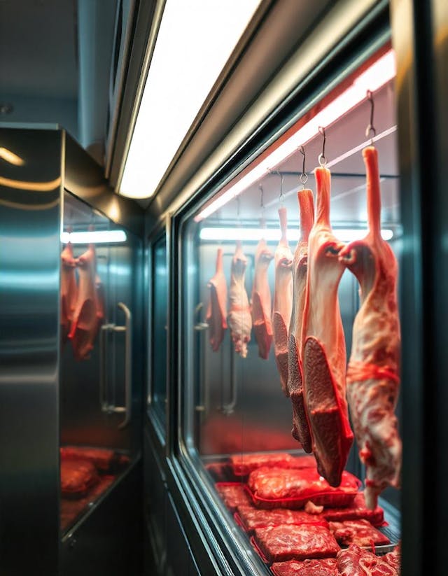 Vitrină frigorifică cu carne proaspătă, inclusiv bucăți mari de carne roșie și păsări atârnate pentru maturare.