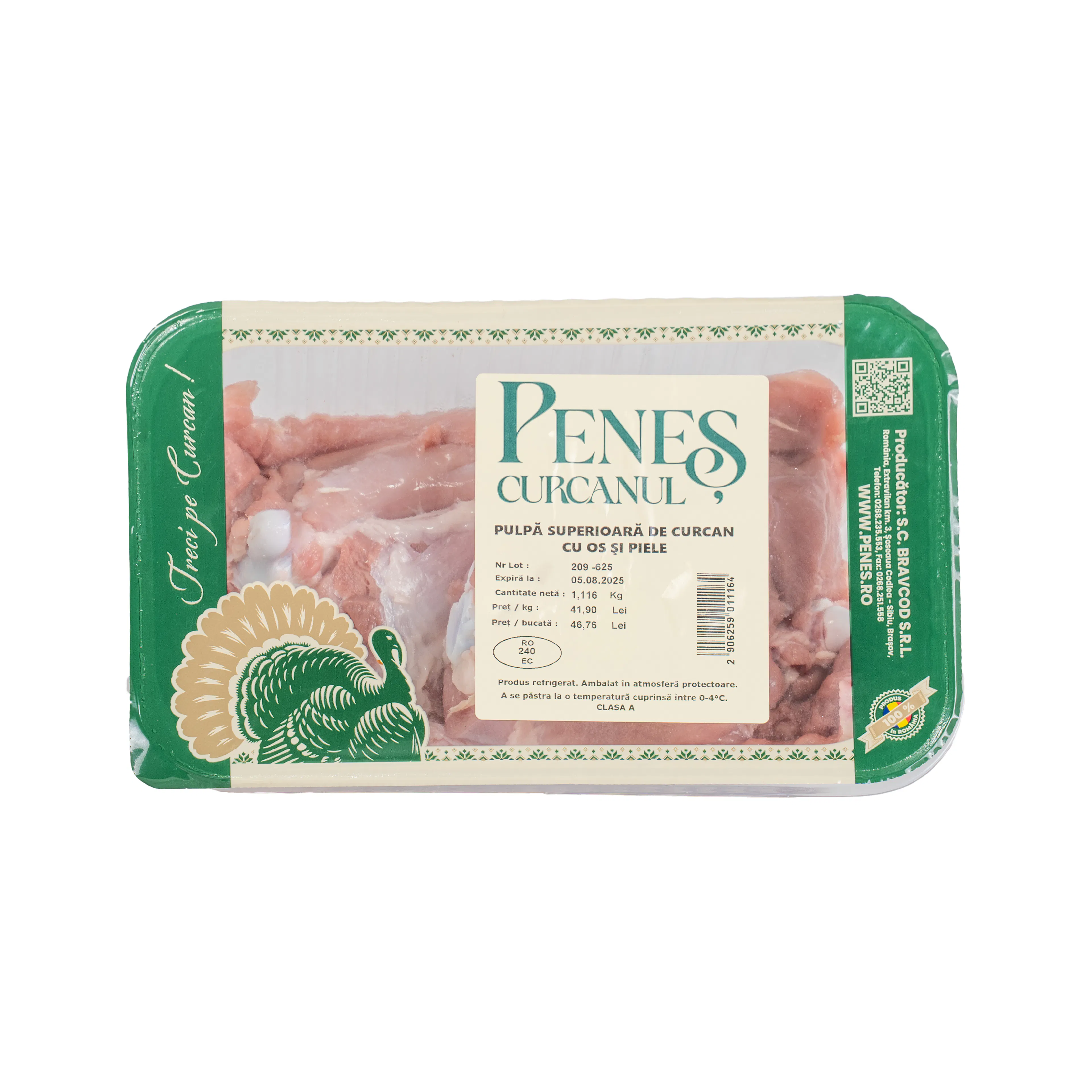 Pulpă superioară de curcan cu os și piele, refrigerată