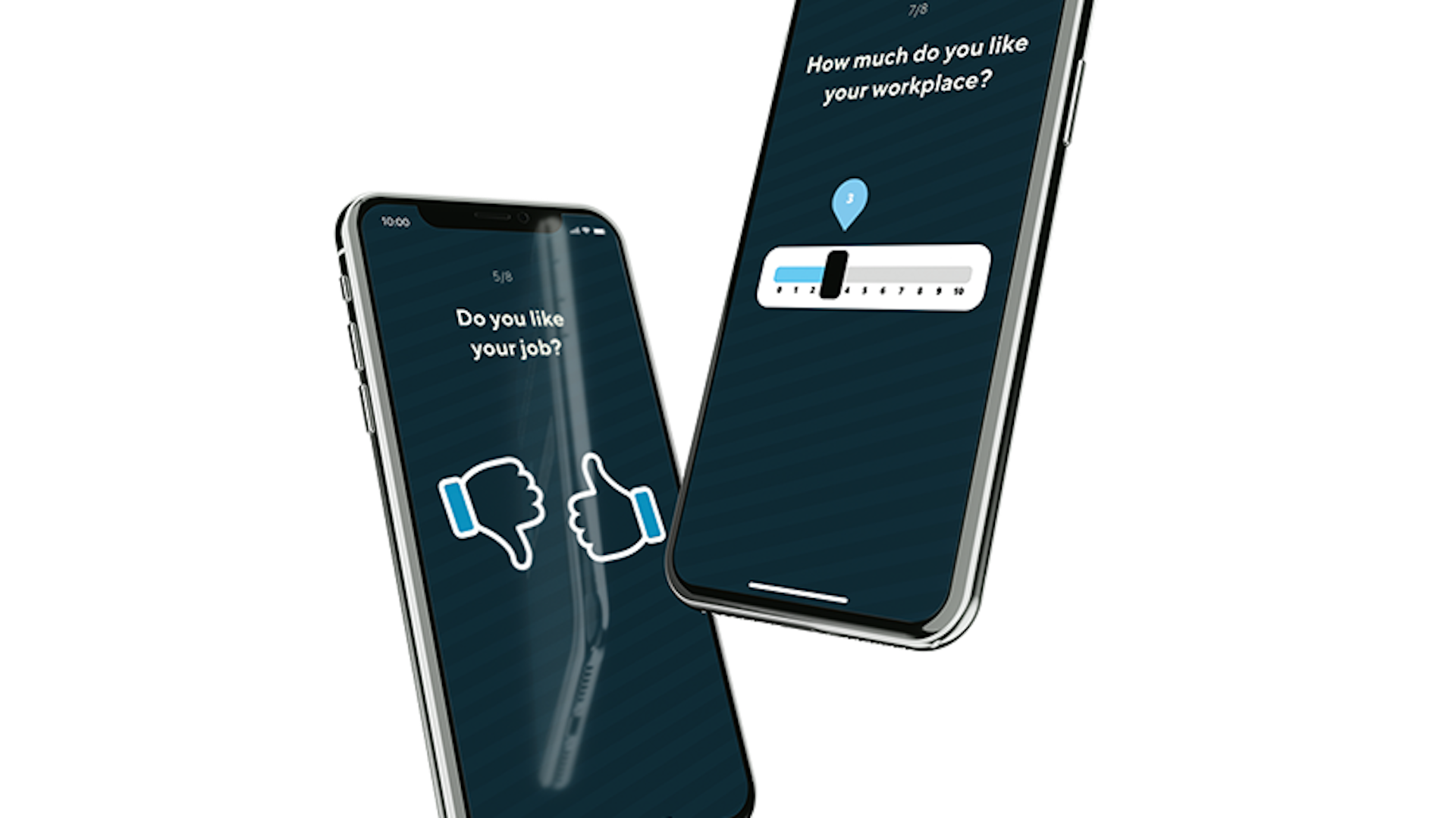 Two phones with survey questions on their screens.