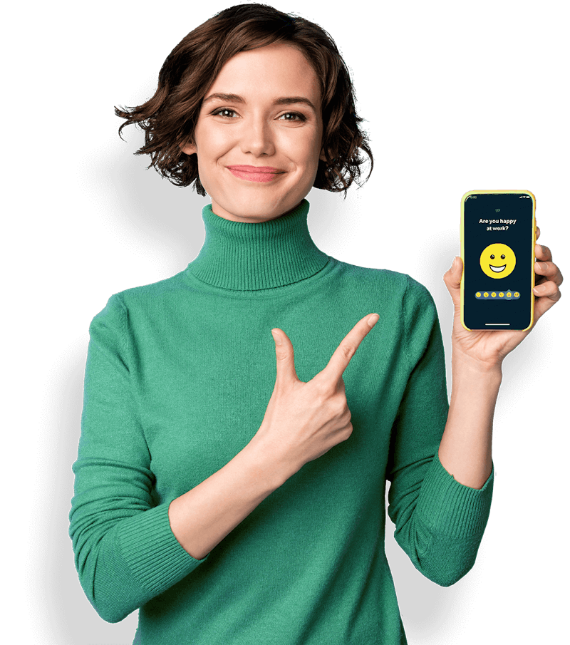 Woman holding a phone and pointing at it