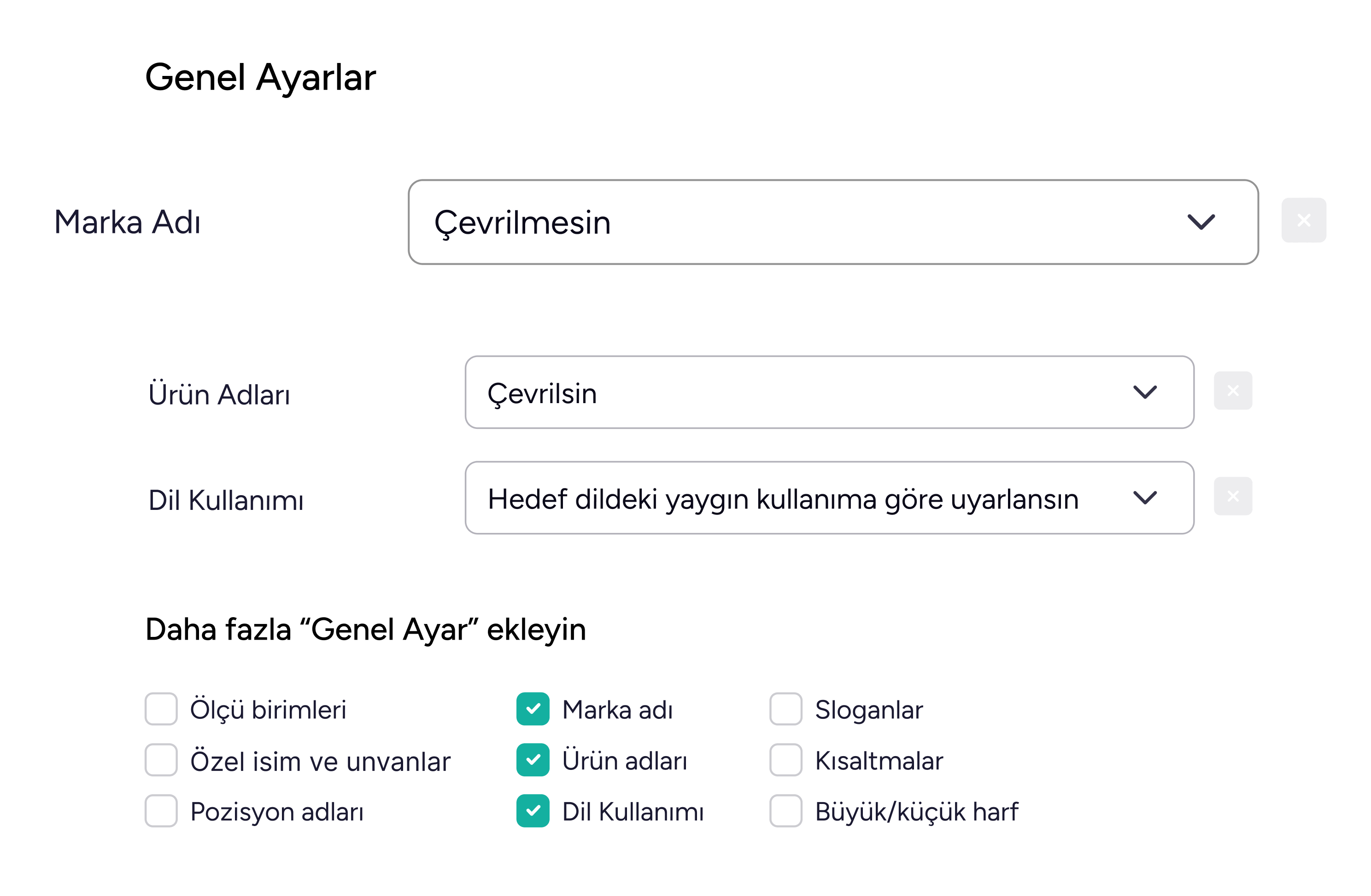 Stil kılavuzu ekranında yer alan ayarlar. Marka adı, ürün adları, dil kullanımı, ölçü birimleri, özel isimler ve unvanlar ayarları. 